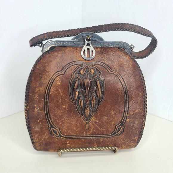 Vintage Art‎ Nouveau Deco Flower Floral Tooled Brown Leather Purse - Picture 1 of 6